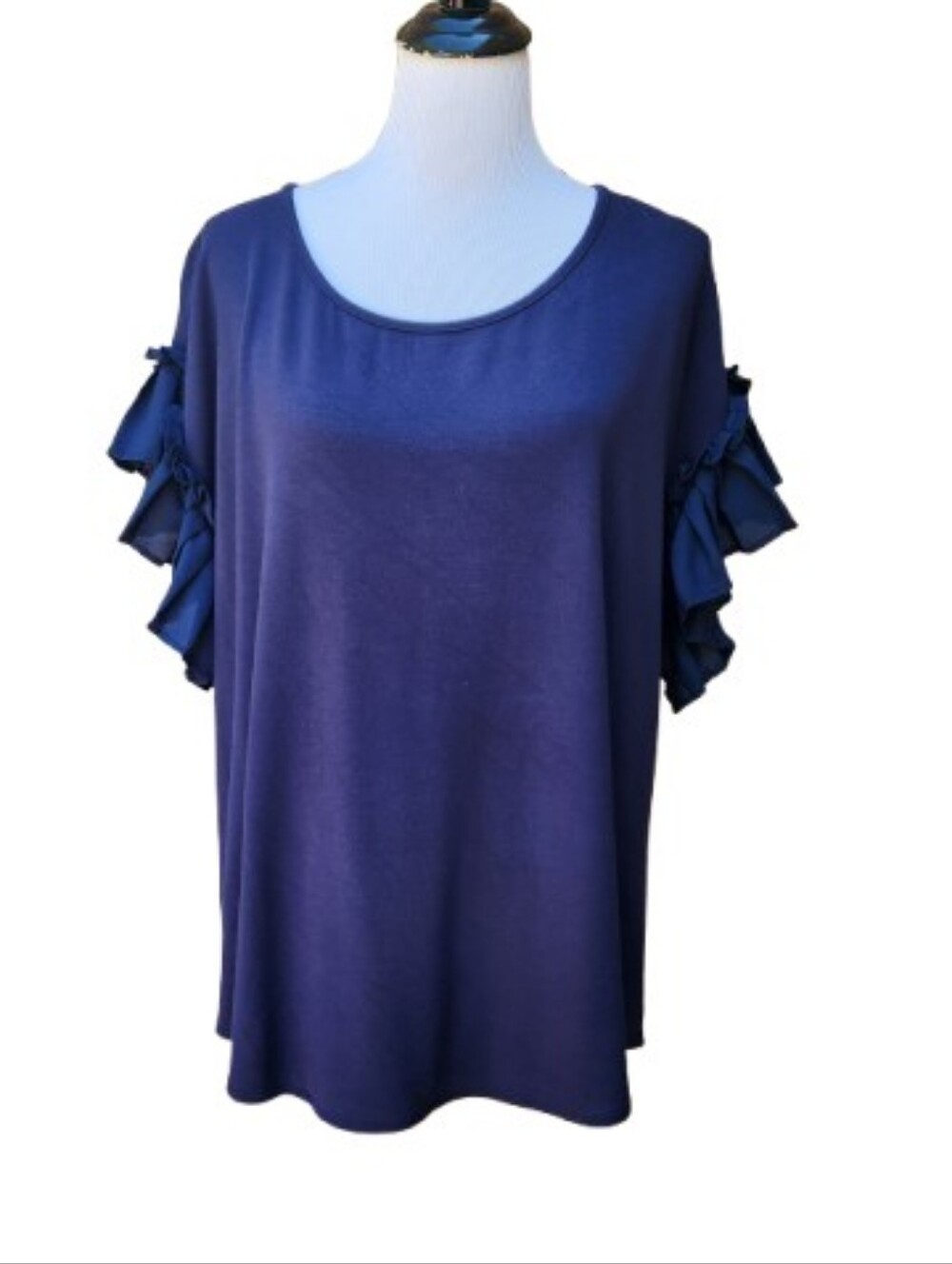 Sejour Plus Mixed Media Blouse Dark Blue Ruffle Pleated Sleeves Stretchy